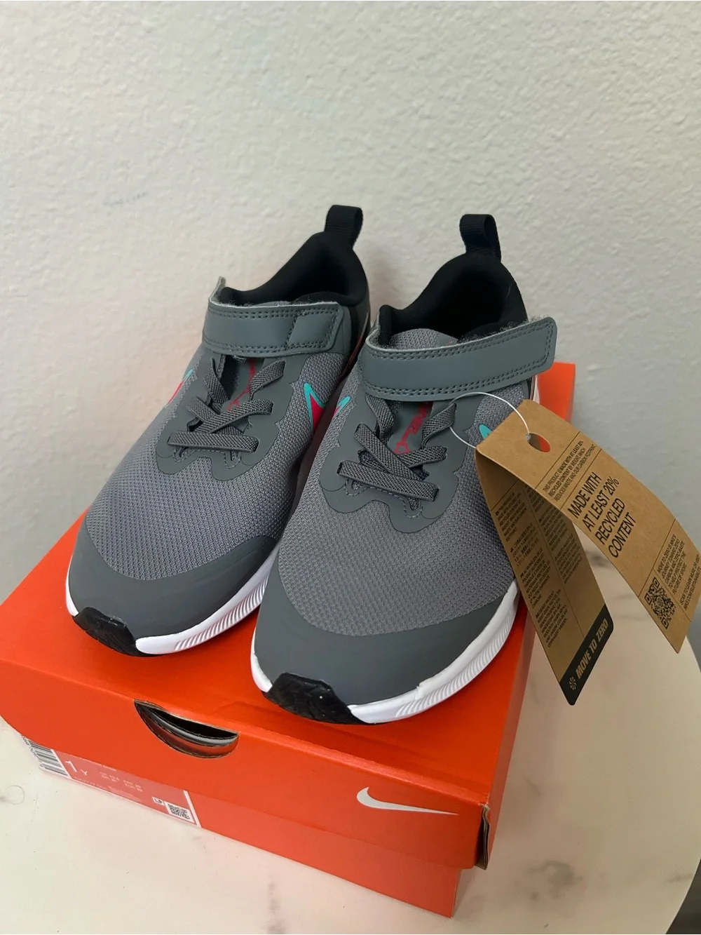 Nike Kids Grey and Pink-Teal Swoosh Athletic Sneakers